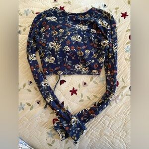 Navy Floral Long Sleeve Crop Top
